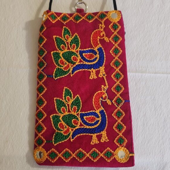 Women's Multi-Color Embroidered Peacock Small Zip Pocket Crossbody Bag Boho Cell - Picture 4 of 10